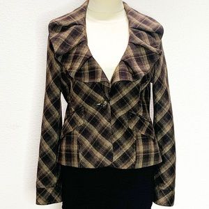 BCBGMaxAzria Brown Plaid Ruffle Collar Blazer size M.